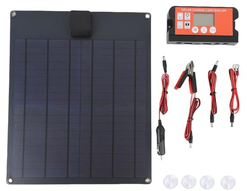 Kit de panneau solaire en polysilicium 35 W avec contrôleur de charge intelligent 12 V et pinces crocodiles compatible avec les voitures, motos, bateaux, camping-cars, remorques,
