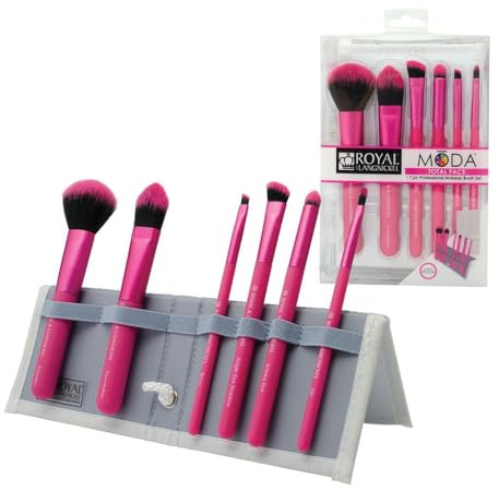 MODA Royal & Langnickel Travel Size Total Face Makeup Brush Set with Pouch, Includes - Powder, Foundation, Angle Shader, Smoky Eye, Brow Liner and Pointed Lip Brushes, Pink
