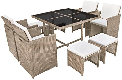 vidaXL Gartenmöbel 9-TLG. mit Auflagen Sitzgruppe Gartenset Sitzgarnitur Gartengarnitur Gartentisch Tisch Esstisch Stühle Poly Rattan Beige
