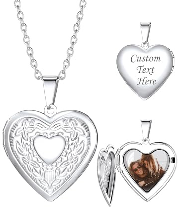 Custom4U Collier Personnalisé Photo Coeur Médaillon - Intérieure et Gravure Texte Pendentif Photo Argent/Or/Or Rose, Cadeau pour Maman Épouse Petite Amie, Anniversaire Fête des Mères Noël