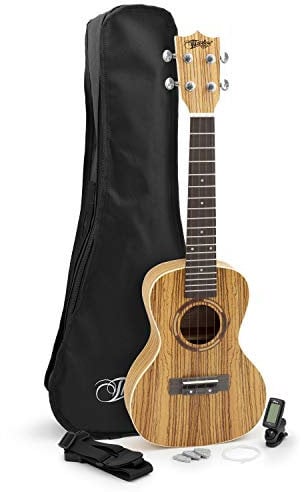 Theodore Zebraholz Konzert-Ukulele mit Stimmgerät, Gigbag, Gurt, 3 Filzpicks und Ersatzsaiten - Komplettes Starter-Set