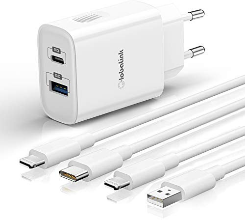 GlobaLink 20W Chargeur Rapide iPhone, 2Ports Chargeur USB C + 2X Câble 2M USB A+USB C vers Lightning Chargeur Secteur QC 3.0 Compatible avec iPhone 12 Pro/Mini 13 Pro/Mini 11 iPad Pro/Mini AirPods