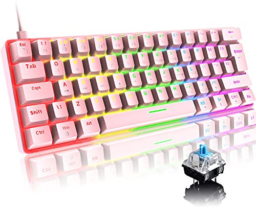 Mini 60% Gaming-Tastatur Kabelgebundene mechanische Keyboard, Kompakte Tragbare 62 Tasten, UK-Layout, 19 RGB-Chroma-Backlit, Abnehmbarer USB-Typ C, für PC, Laptop, Mac, PS4,Xbox (Rosa/Blauer Schalter)