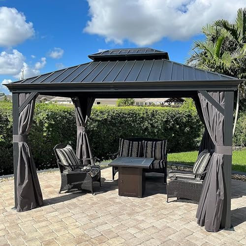 PURPLE LEAF Tonnelle de Jardin Exterieur 3,65 x 3 m Pergola Aluminium avec Moustiquaire et Rideaux Pavillon de Jardin à Double Toit Acier Galvanisé, Gris