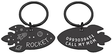 Customized with Name Plate Engraved Pet Tags Personalized Fun Metal Label with Rocket Planet Lettering Dog Tag Small Medium,Black,40 X 23mm