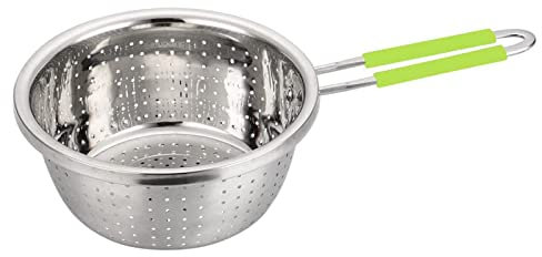 Contiup Stainless Steel Perforated Metal Colander Strainer with Long Green Handle Sieve Sifters Use for Kitchen Food Pasta Noodles Spaghetti Vegetables Silver - 7.9inch