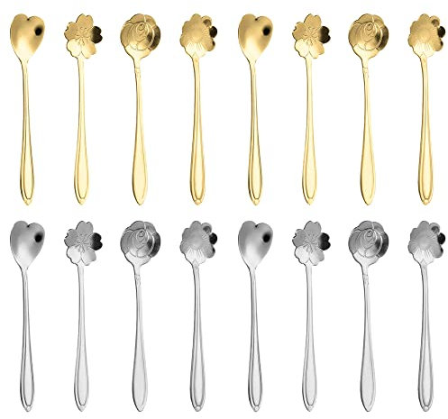 16 piezas Juego Cucharas Flores, Cucharas de Café en Forma de Flor, Cucharas Té Creativas, Cucharadita Cucharadita Azúcar, Oro Rosa Creativa Cuchara, para café, té, Pastel, Postre, múltiples Formas
