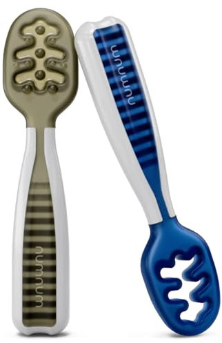 Cuillère Bébé 1er Âge en Silicone – Couverts d’Apprentissage Souples pour Nourrissons – Idéale pour Diversification Alimentaire et Autonomie (Olive/Bleu)