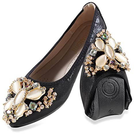 MACHSWON Womens Fold up Pumps Roll up Shoes Foldable Ballet Flats with Sparkly Rhinestone, Portable Ladies Slip On Loafers(Black-2, Size 9)