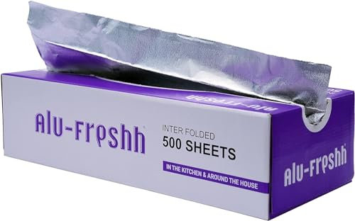 Alu-Freshh Interfold 500 Foglio di alluminio pre-tagliato, 30,5 x 27 cm, foglio di alluminio pop up, tirare e avvolgere il cibo goffrato foglio di alluminio per arrostire, rivestimento grill
