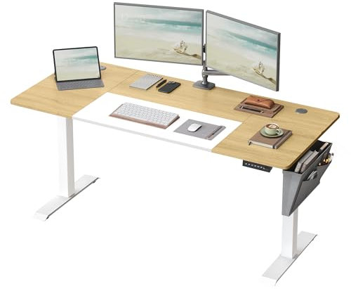 SONGMICS Höhenverstellbarer Schreibtisch elektrisch, 160 x 70 cm, stufenlos verstellbar, Memory-Funktion mit 4 Höhen, natureichenfarben-mattweiß LSD026N01