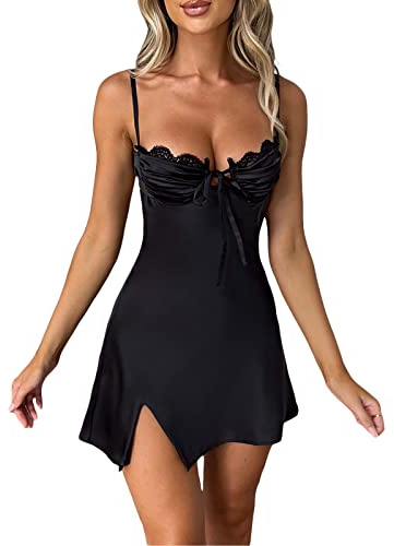 Dazzerake Abiti Sexy Donna in Raso Taglio Basso Mini Abito Elegante Cinghie di Spaghetti Senza Maniche Breve Slip Vestito Corto Cerimonia Abito Midi da Sera