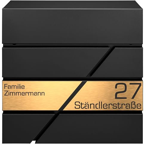 MTEC Design Schwarz Briefkasten mit Hausnummer & Ihre Namen Gravur Personalisiert, Wandbriefkasten mit Extra Zeitungsfach, Briefkasten Groß, Golden, (Gold)