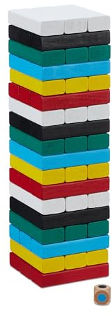 Relaxdays Wackelturm, Holzturm Spiel farbig, 54 Holzklötze mit Würfel, Geschicklichkeitsspiel, HBT 26, 5x7,5 cm, bunt