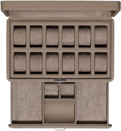 ROTHWELL Luxus Uhrenbox für 12 Uhren - PU Leder Uhrenbox mit Echtglasdeckel - Ausziehbare Zubehörschublade mit mehreren Fächern (Mokka)