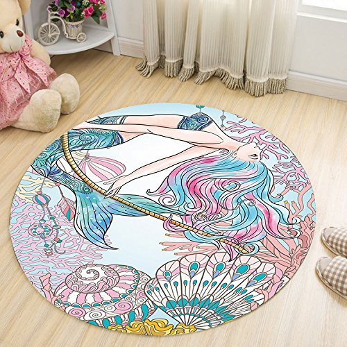Teppich Rosa Koralle Meerjungfrau Teppich Rund Soft Non-Slip Badezimmerteppich Teppich Wohnzimmer Teppich Schlafzimmer Runder Teppich Kinderzimmer Flauschiger Teppich Teppich Waschbar 80cm
