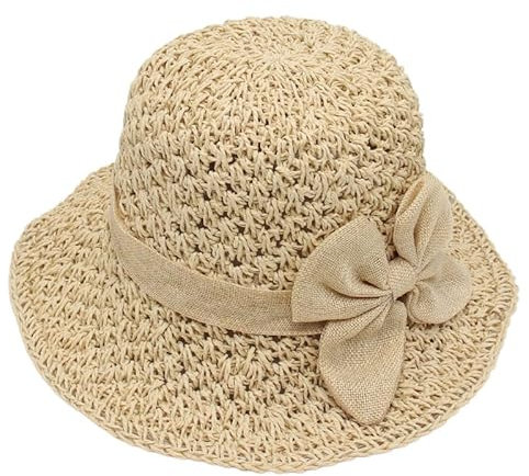 WEIGEER Chapeau de Paille pour Femme Chapeau de Soleil de Plage Pliable à Large Bord Chapeau d'été pour Femme Chapeau de Paille pour Femme Chapeau (Paille, Noeud Blanc)