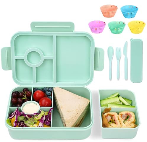 Bugucat Bento Lunch Box,Lunch Containers for Adults Kids,1300ML Leakproof Snack Containers 6 Compartments with Leakproof Sauce Container for Dishwasher Green