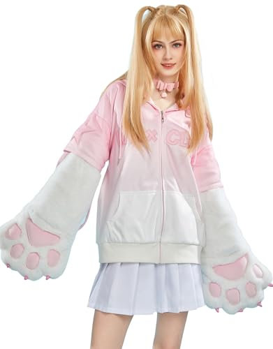 Winx Club Damen-Pullover mit abnehmbaren pelzigen Katzenpfoten-Handschuhen, Handtasche, Doppelzweck-Ärmel, pink / weiß, Large