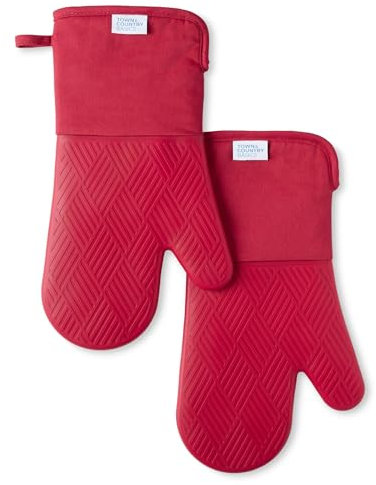 TOWN & COUNTRY BASICS Basketweave Soft Silicone Oven Mitt 2-Pack Set, Heat Resistant up to 500F, Flexible Silicone, Non-Slip Grip, Red, 7.5x13