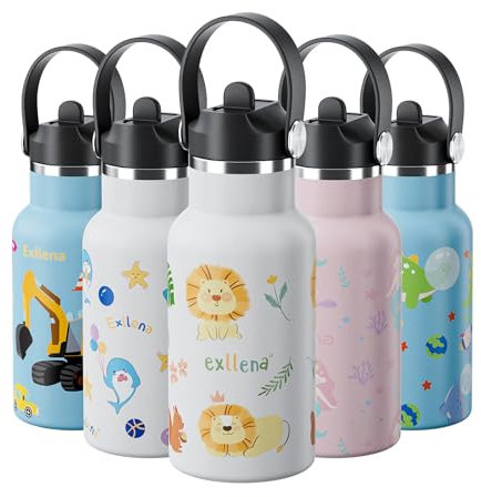 Exllena Borraccia Termica Bambini 350ml - Borraccia con Cannuccia Bambini 100% A Tenuta Stagna - Senza BPA- Borraccia Acciaio Bambini Doppia Parete in Acciaio Mantenere Calore/Freddo (Zoo)