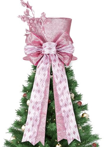 Poen Rose Gold Christmas Tree Topper Hat with Bow and Lengthened Ribbon Tree Topper Santa Hat Christmas Decorations for Xmas Gift Ideas Holiday Winter Party Ornament Supplies