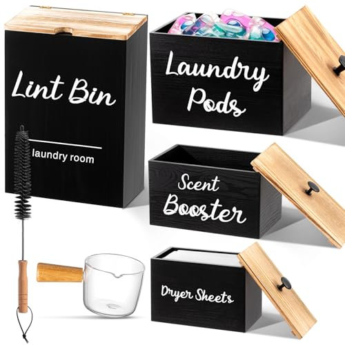 Dandat 4 Pcs Laundry Room Organization and Storage, Dryer Sheet Holder Laundry Pod Holder Scent Booster Container Magnetic Lint Bin with Scoop and Brush Wood Farmhouse Room Container(Black)
