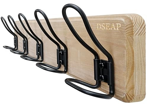 Dseap Garderobe - Stabil Vintage - Garderobenleiste Holz in Landhausstil, Rustikale Hakenleiste, Garderobenhaken Wand, Kleiderhaken mit 5 Draht-Haken Doppelt, G25A, verwittertes Braun