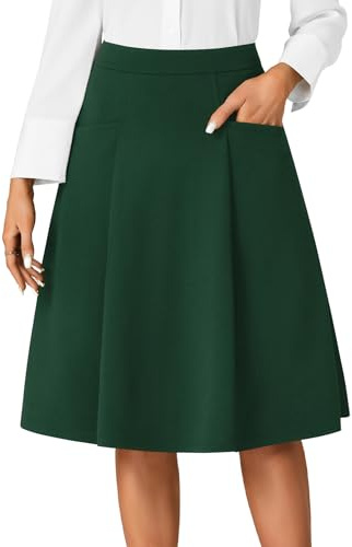 Rooscier Damen High Waist Plissee Ausgestellt A Linie Elegant Midi Rock mit Taschen, Dunkelgrün, Klein