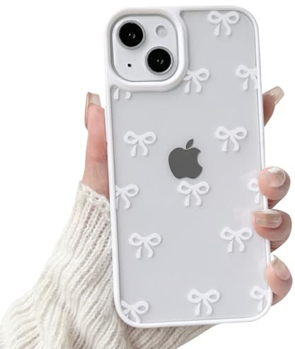 NITITOP Compatible with iPhone 14 Case Cute Clear Bowknot Pattern for Women Girl Bow Ribbon White Frame Design Shockproof Protective Girly Phone Cover - White Bow