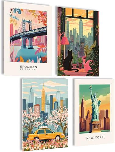 mojoliving Bilder New York Bild Poster schwarz-weiß New York Wandbild New York Taxi Bilder Skyline New York Poster NewYork Bilder (NY Modern, Posterset 4x A4 (21x30cm) | ohne Rahmen)