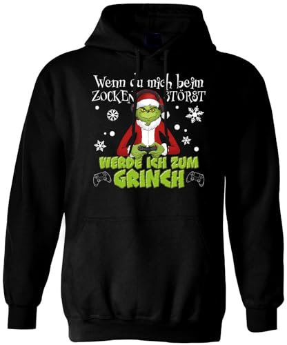 Grinch Pullover Wenn Du Mich beim Zocken störst, werde ich zum Grinch - Gaming Hoodie, Weihnachtspullover - Geschenk Männer, Gamer (DE/NL/SE/PL, Alphanumerisch, S, Regular, Regular, Schwarz)
