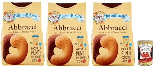 Mulino Bianco Abbracci Biscotti con Cacao e Panna Fresca, Shortbread-Kekse mit Kakao und frischer Sahne, ohne Palmöl, geschmacksintensives Frühstück, 3x 350 g + Italian gourmet polpa 400g