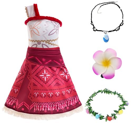 KANDEMY Vaiana Kostüm für Kinder 4 Stück Moana Prinzessinnen Kleid Mädchen Faschingskostüme mit Halskette Blumenkranz Haarclip