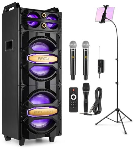 Fenton LIVE2102 Karaoke System – 800W Bluetooth House Party Speaker with Dual Wireless Microphones, RGB LED Lights, Tablet Mount & LCD Display