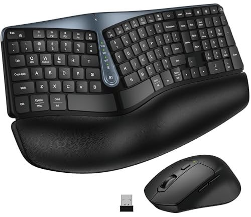 MK835 - Tastiera ergonomica senza fili, tasti Wave, Bluetooth/2.4G, design separato, tastiera Ergo con poggiapolsi imbottito, multi-dispositivo, ricaricabile, per multi-OS, Windows/Mac/Android