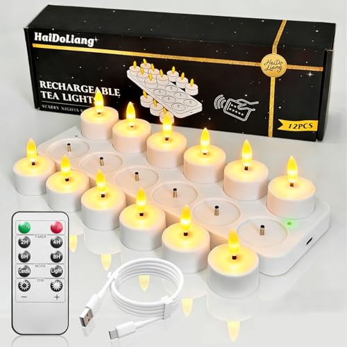 HAIDOLIANG 12 Pack Rechargeable Tea Lights with Remote Timer & Dimmer, USB Flickering Battery Operated Flameless Candles for Aniversary, Wedding Centerpiece Table Decor, Halloween, Christmas