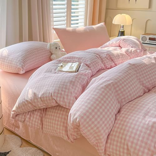 Covebett Pink Gingham Duvet Cover Double Pink White Gingham Plaid Checkered Grid Bedding Set Check Modern Washed Microfiber Comforter Cover 200x200 cm with Zipper Closure and 2 Pillowcases 50x75 cm