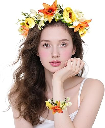 Blumenkranz Haare,Blumenkranz Blume Krone Stirnband mit Armband Set,Haar Garland,Haarbänder Floral Girlande,Blumenstirnband Einstellbar für Damen Hochzeit Zeremonie Festival Party Strand