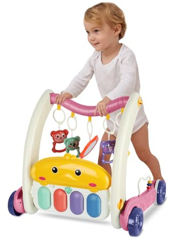 Homewell 2in1 Lauflernhilfe Babywalker und Baby Spielbogen mit Spieluhr & Melodie, Lauflernwagen Kippen verhindern, Hängen Sie 5 Spielzeuge auf, 72 * 43.5 * 42.5 cm