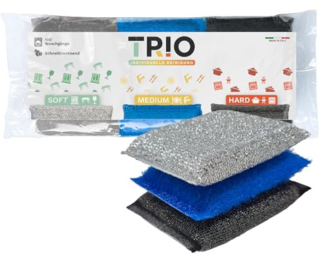TRIO – Set de 3 Esponjas (Suave - Media - Dura) para diversas superficies – Lavables y duraderas – Limpieza de superficies delicadas, medias y duras – Fabricadas en Italia