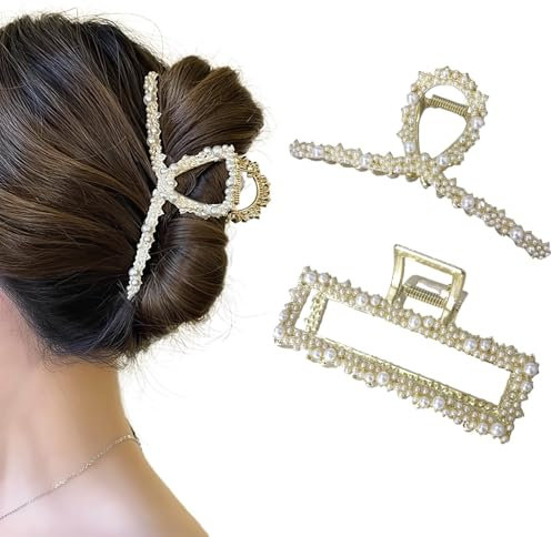 Uoocg 2 Stück Perlen Haarklammer Groß Gold Metall Haarspangen Damen elegante haarclips für Frauen und Mädchen Dickes Haarschmuck