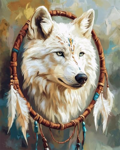 AMBATTERY DIY Knüpfteppich Set Vorgedruckt Cartoon Weißer Wolf Und Traumfänger Knüpfen Teppich Set Mit Werkzeug Knüpfsets Latch Hook Kit Für Knüpfpackung Für Home Decor 31x63in