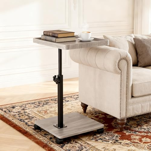 XUDREZ Adjustable Side Table, C Shaped Small Table with 4 Wheels 364° Swivel Tray, End Table for Living Room Bedroom Sofa Small Spaces