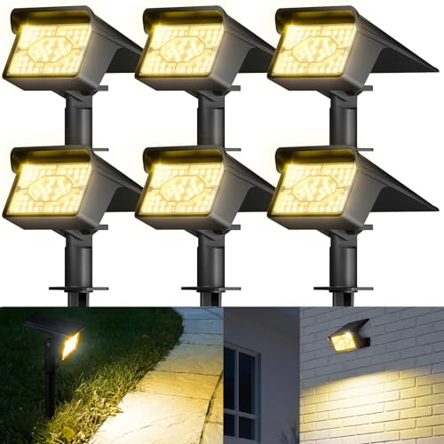 FLOWood IP68 Solarstrahler für Außen mit 60 LED, Warmweiß, 6 Stück | Solarlampen für Außen, 3 Helligkeitsmodi, 1500 mAh Akku, IP68 wasserdicht, für Garten, Rasen, Auffahrt, Gehweg und Terrasse