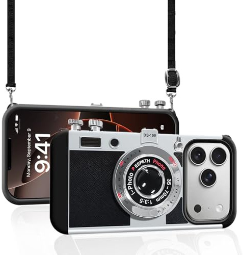 TGBNMLP For iPhone 17 Pro Max Mobile Phone Case, Vintage Camera Case with Chain, Protective Case for Hanging Cord, Black