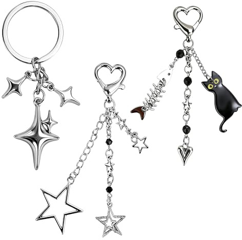 JAXICREY 3 Stück Y2K Schlüsselanhänger Stern, Keychain Aesthetic Bag Charms Silber Taschen Anhänger Herzschnall Schwarzkatze Mädchen Taschencharmes für Auto Handtasche Rucksack Schlüssel Geldbörse