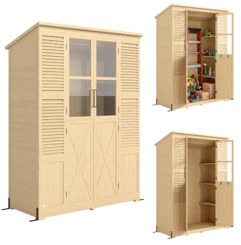 Outsunny Armadio da Giardino in Legno Walk-in 147x68x198cm Color Legno | Casetta Porta Attrezzi da Esterno, Tetto Inclinato Asfalto, 4 Finestre, 6 Ripiani, Prese d'Aria, Kit Antiribaltamento