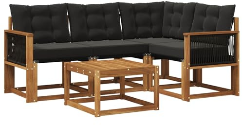 vidaXL Outdoor-Sofagarnitur mit Kissen 5 pcs Natürlich und Schwarz, Garten-Sofa, Moderne Außenmöbel, langlebige Sitzgruppe, Bequeme Lounge, Akazien-Sitze, Entspannung im Garten
