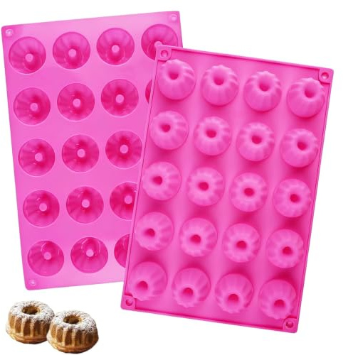 YXHZVON 2Pcs Mini Ring Cake Tin, 20 Cavity Silicone Savarin Cake Moulds, Silicone Bakeware Mold, Fluted Round Cake Pan, for Donut Muffin Cupcake